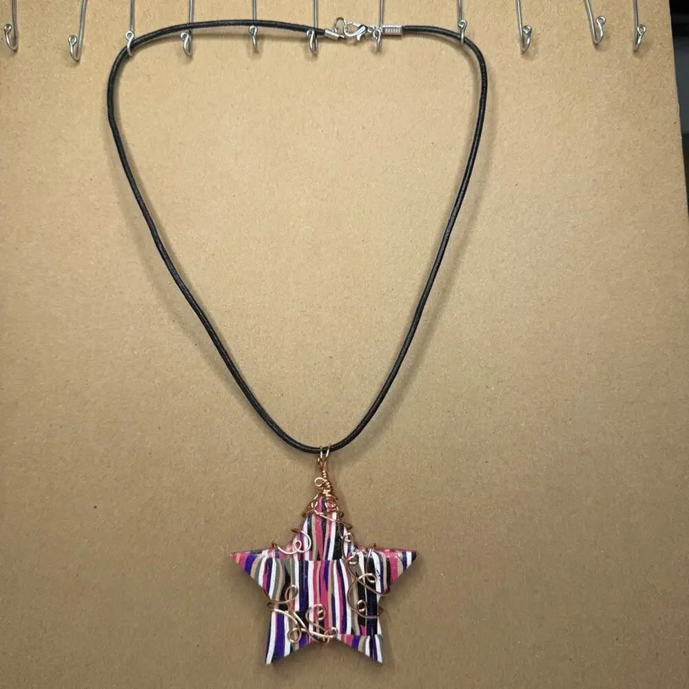Cooper wire wrap star necklace leather cord